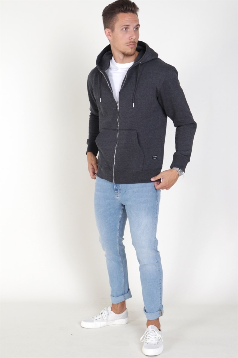 Jack & Jones Soft Genser Zip Hood Dark Grey Melange