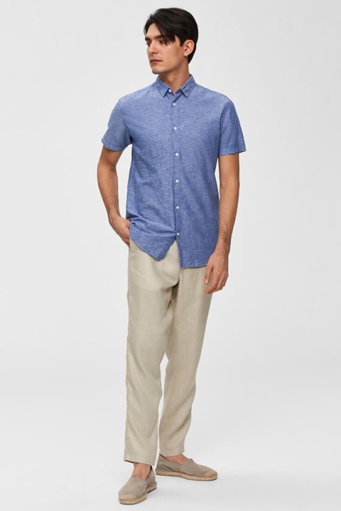 Selected Slim Linen Skjorte SS Classic Medium Blue Melange