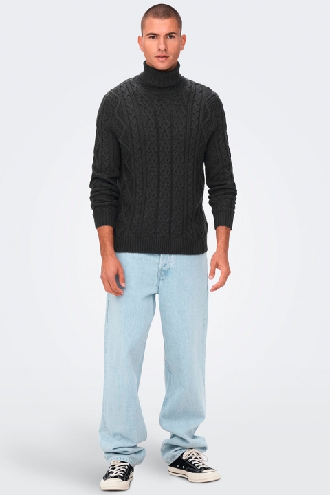 ONLY & SONS ONSRIGGE REG 3 CABLE ROLL NECK KNIT Obsidian