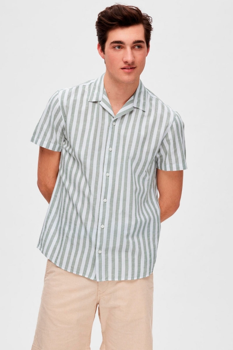 Selected SLHREGNEW-LINEN SHIRT SS RESORT W Desert Sage Stripes