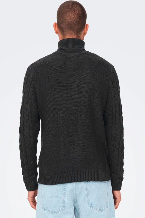 ONLY & SONS ONSRIGGE REG 3 CABLE ROLL NECK KNIT Obsidian