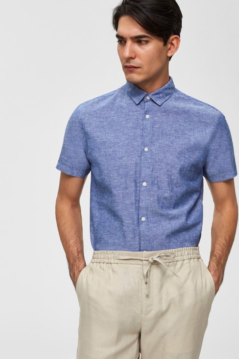 Selected Slim Linen Skjorte SS Classic Medium Blue Melange