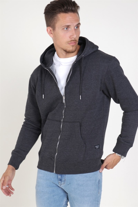 Jack & Jones Soft Genser Zip Hood Dark Grey Melange