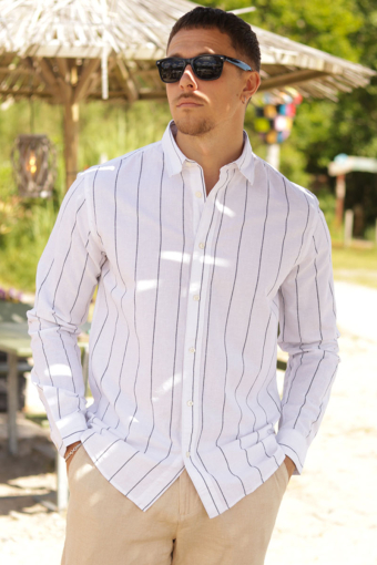 Slim Sun Linen Shirt LS White Wide Stripe