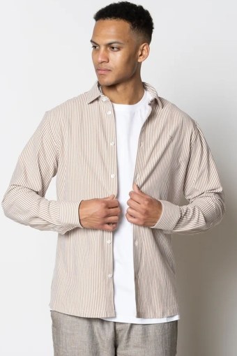 Clean Formal Stretch Stripe Shirt L/S Warm Sand/White Stripe