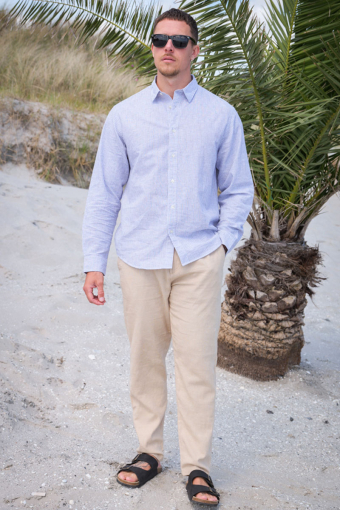 Slim Sun Linen Shirt LS Bright White Thin Stripe