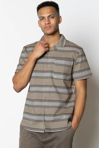 Bowling Anton Cotton Linen Shirt S/S Khaki/Navy Stripe