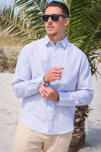Slim Sun Linen Shirt LS Bright White Thin Stripe
